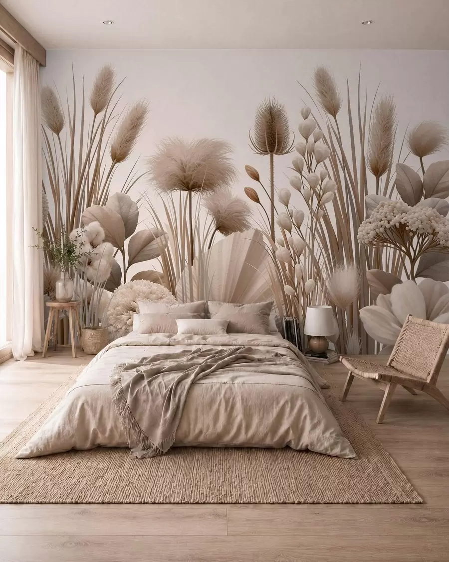 murales Flores secas altas de color beige en tonos neutros w09932