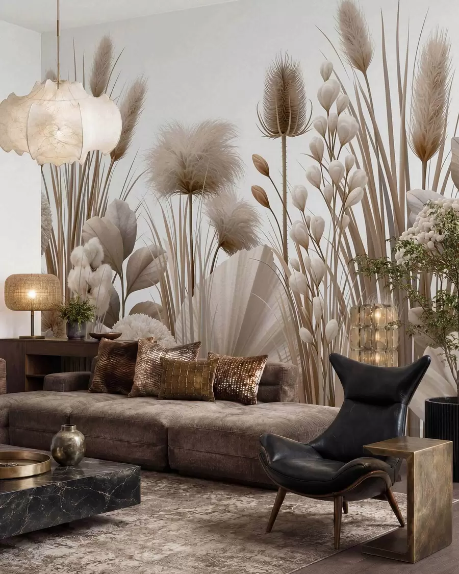 murales Flores secas altas de color beige en tonos neutros w09932
