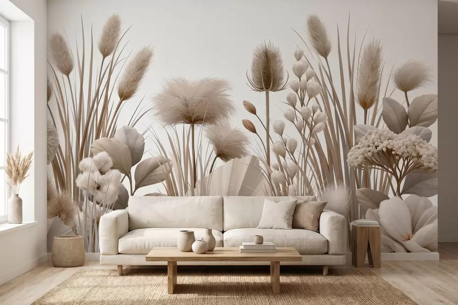 murales Flores secas altas de color beige en tonos neutros w09932
