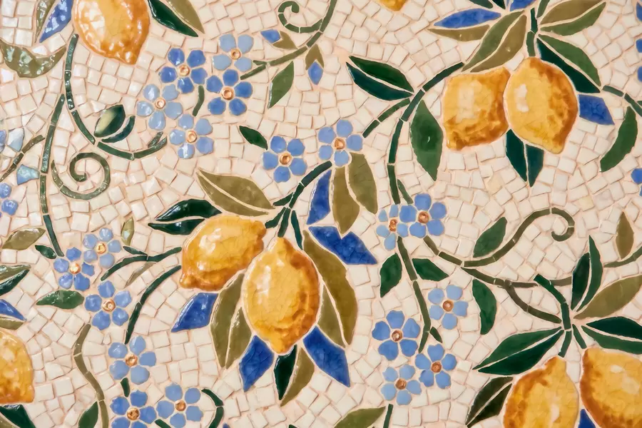 Wall Mural Photo Wallpaper Bright decorative composition in ceramic mosaic style with juicy lemons, flowers, leaves, and branches w09948