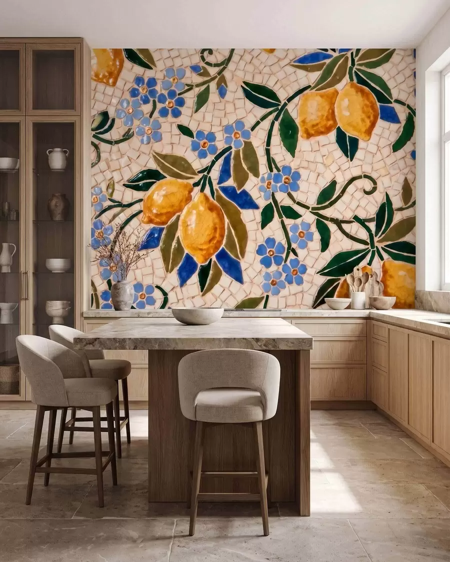 peintures murales Composition décorative aux couleurs vives, dans le style d'une mosaïque en céramique, représentant des citrons juteux, des fleurs, des feuilles et des branches w09948