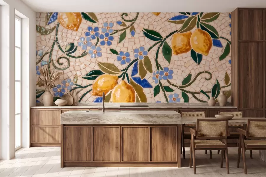 Wall Mural Photo Wallpaper Bright decorative composition in ceramic mosaic style with juicy lemons, flowers, leaves, and branches w09948