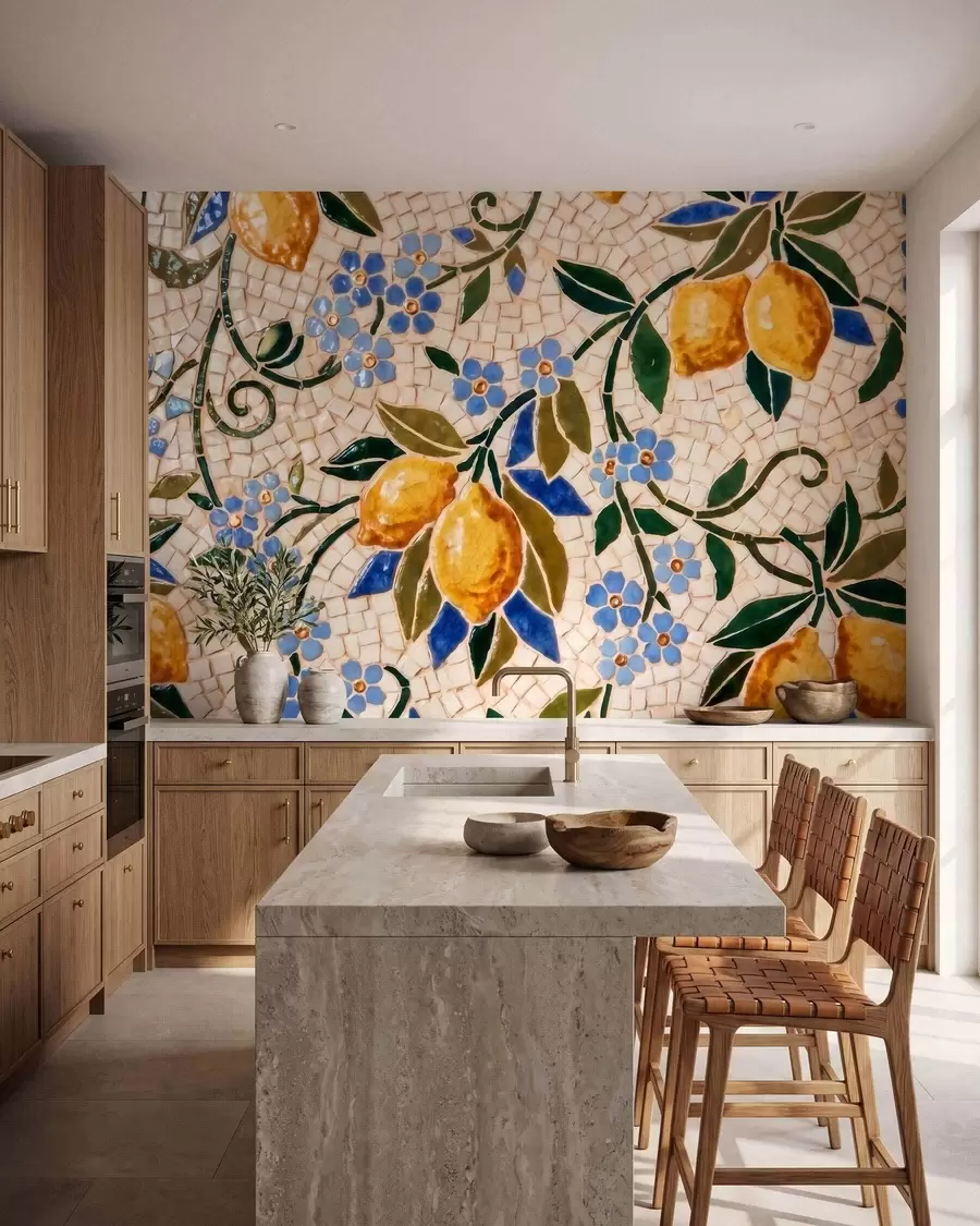 Wall Mural Photo Wallpaper Bright decorative composition in ceramic mosaic style with juicy lemons, flowers, leaves, and branches w09948