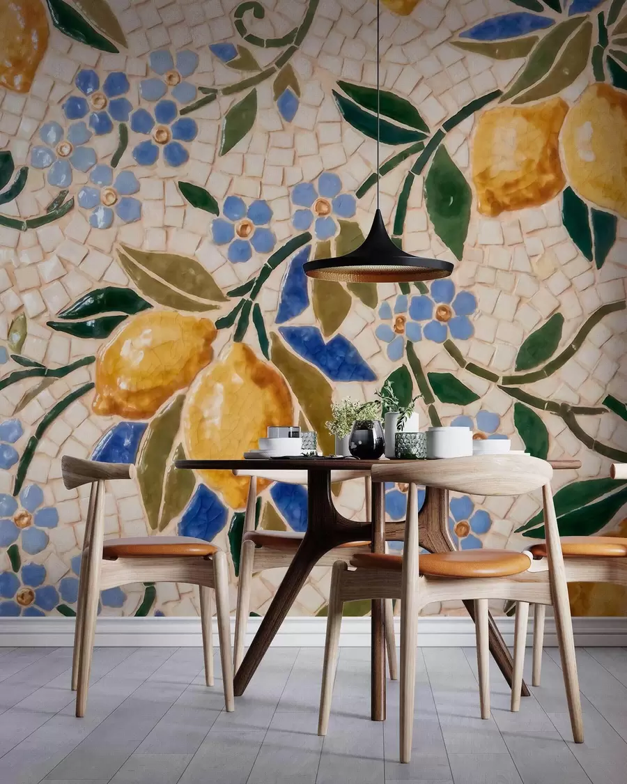 murales Composición decorativa de colores vivos, al estilo de un mosaico cerámico, con jugosos limones, flores, hojas y ramas w09948