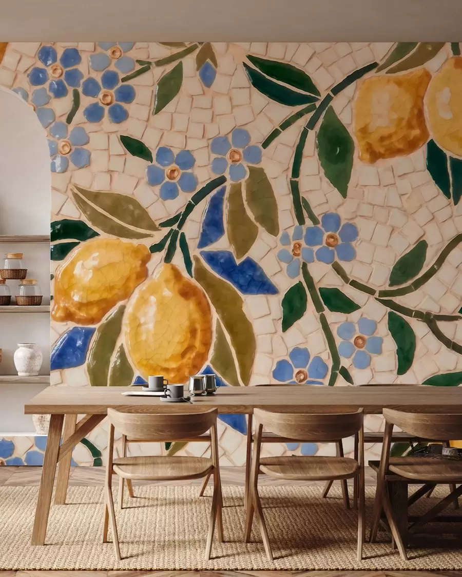 peintures murales Composition décorative aux couleurs vives, dans le style d'une mosaïque en céramique, représentant des citrons juteux, des fleurs, des feuilles et des branches w09948