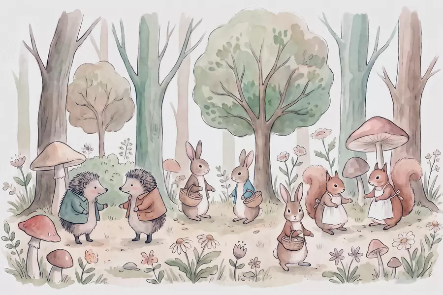 Wall Mural Photo Wallpaper Fairytale woodland animals in a forest in watercolor style w09951