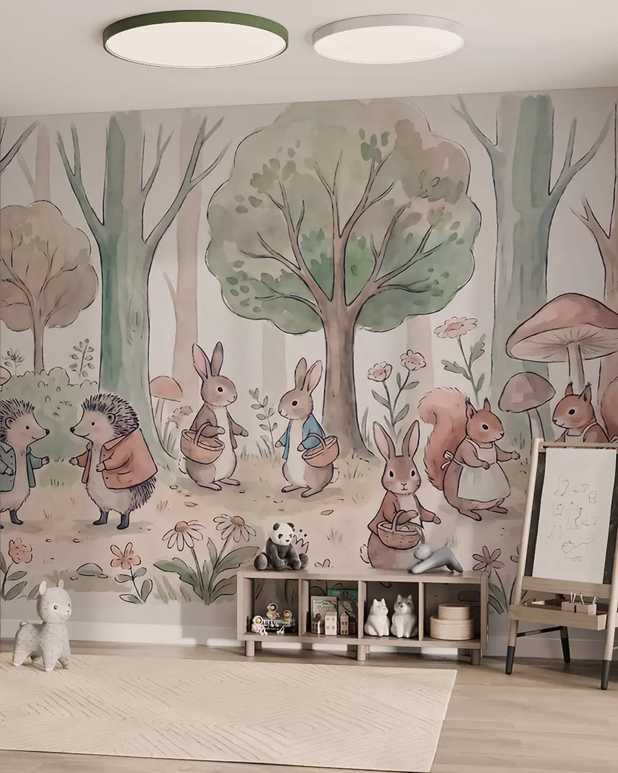 peintures murales Des animaux de la forêt issus d'un conte de fées, représentés dans un décor forestier dans un style aquarelle w09951