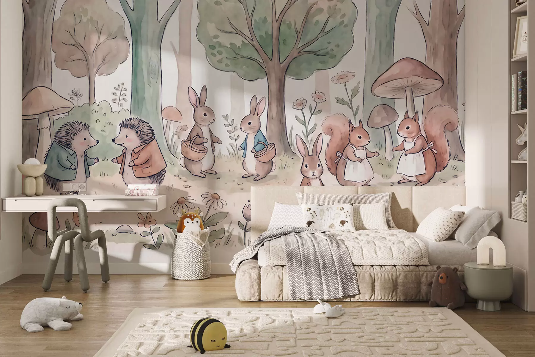 Wall Mural Photo Wallpaper Fairytale woodland animals in a forest in watercolor style w09951