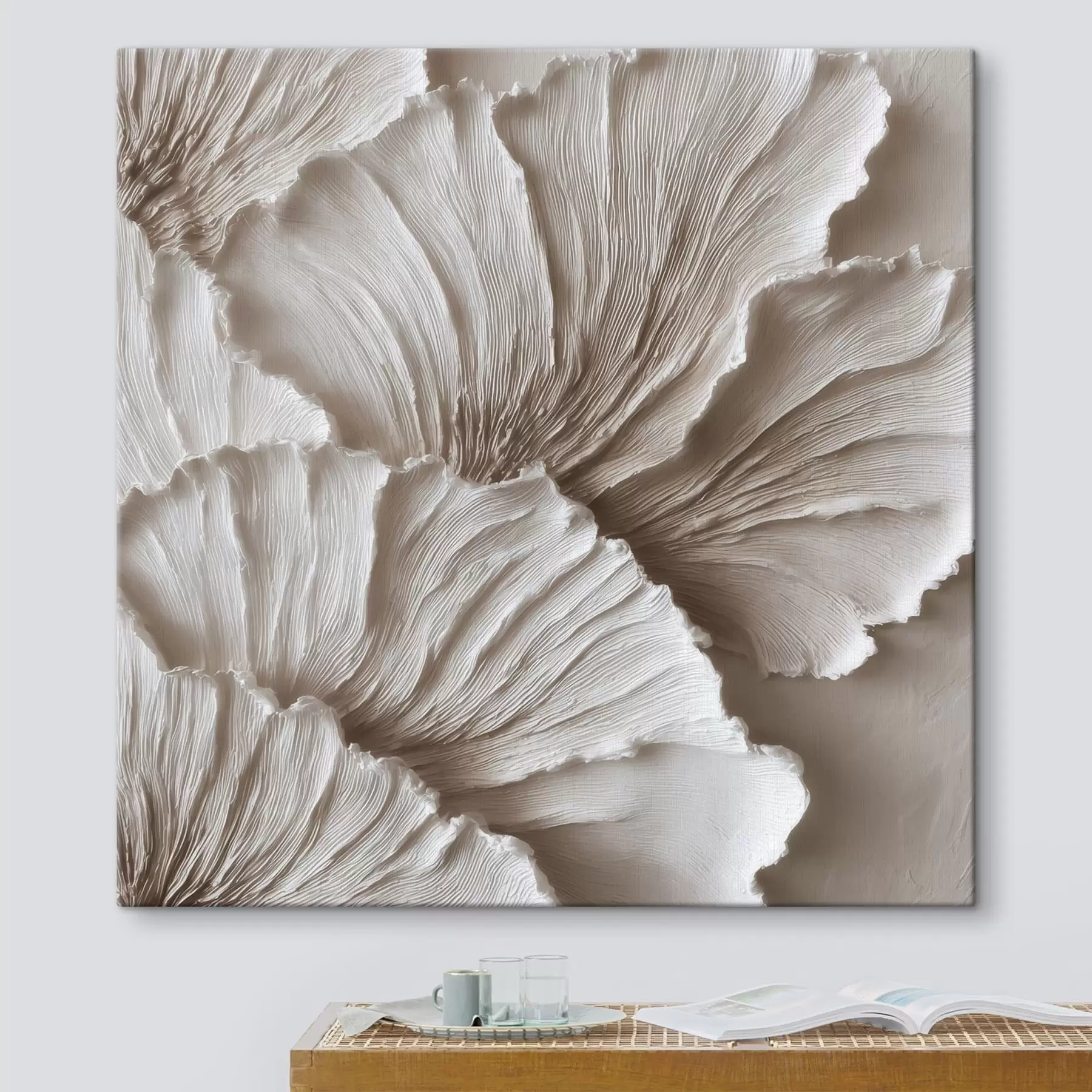 wall murals Textured abstraction with dimensional wavy petals in light tones s49709