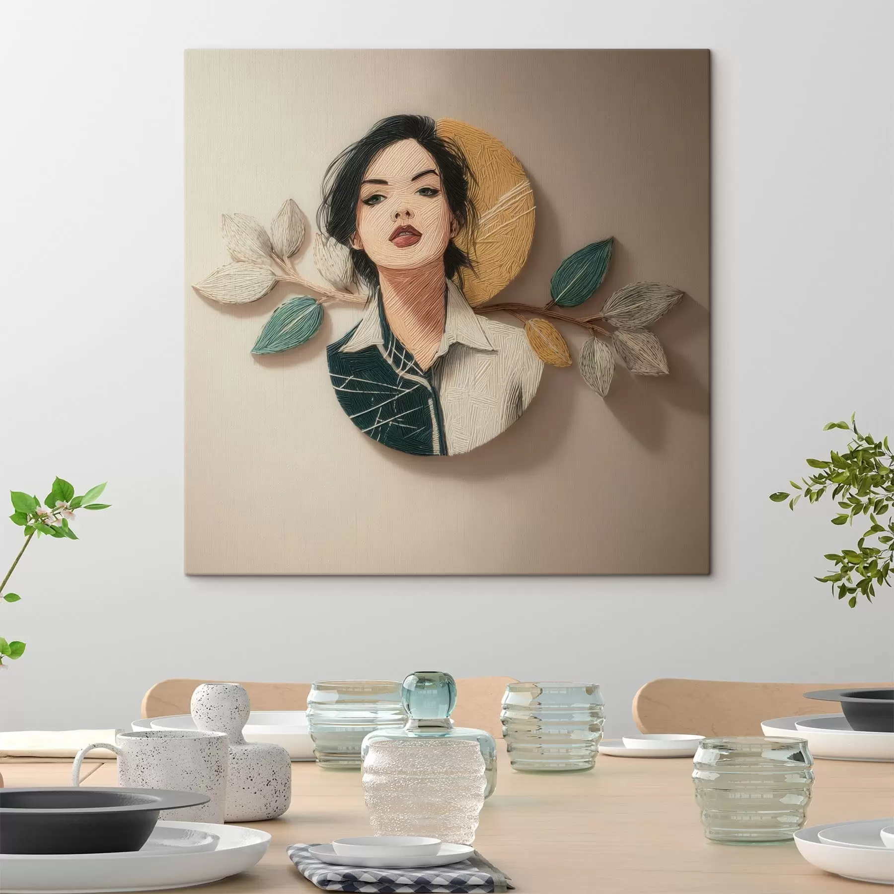 wall murals Decorative composition featuring a female portrait and leaves in a graphic style s49710