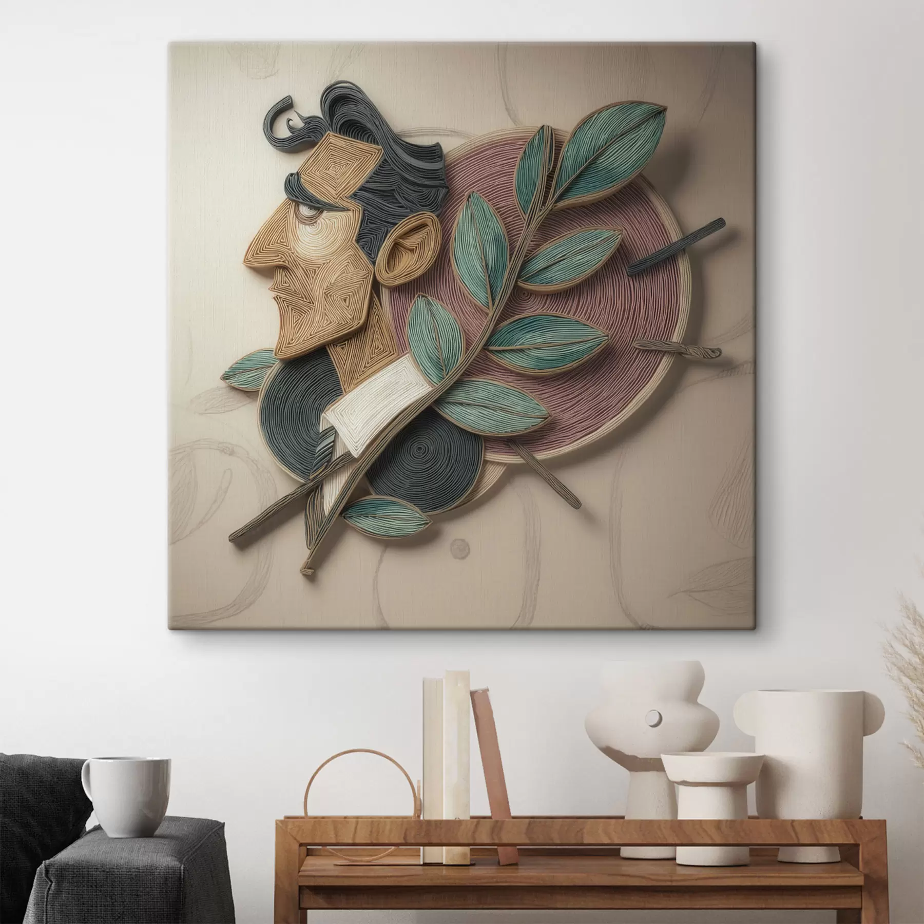 murales Retrato masculino abstracto con una rama frondosa, en un estilo de ilustración con textura s49711