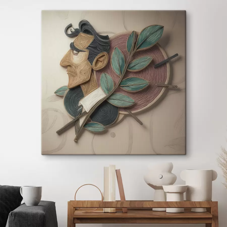 murales Retrato masculino abstracto con una rama frondosa, en un estilo de ilustración con textura s49711