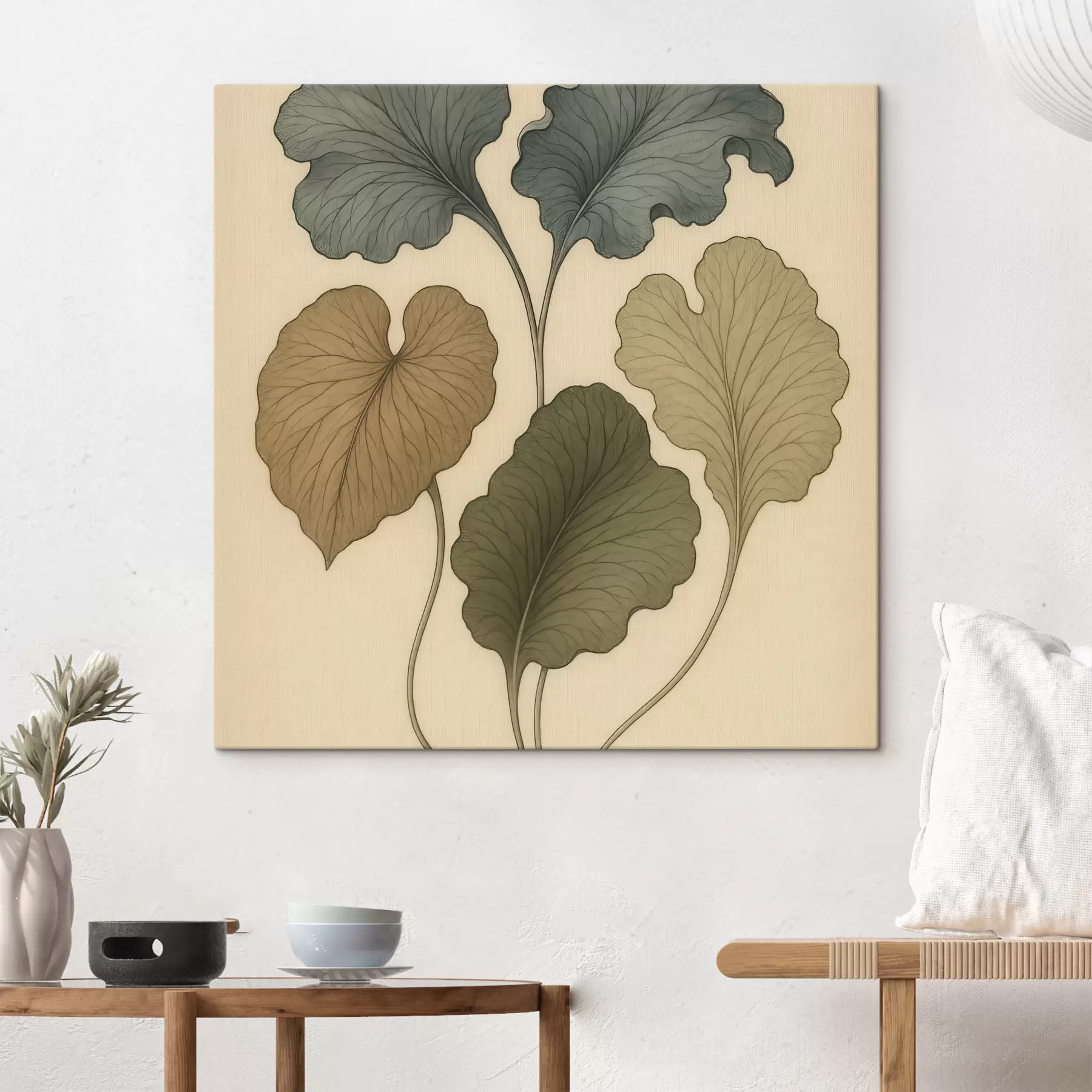wall murals Decorative leaves in muted tones on a beige background s49721