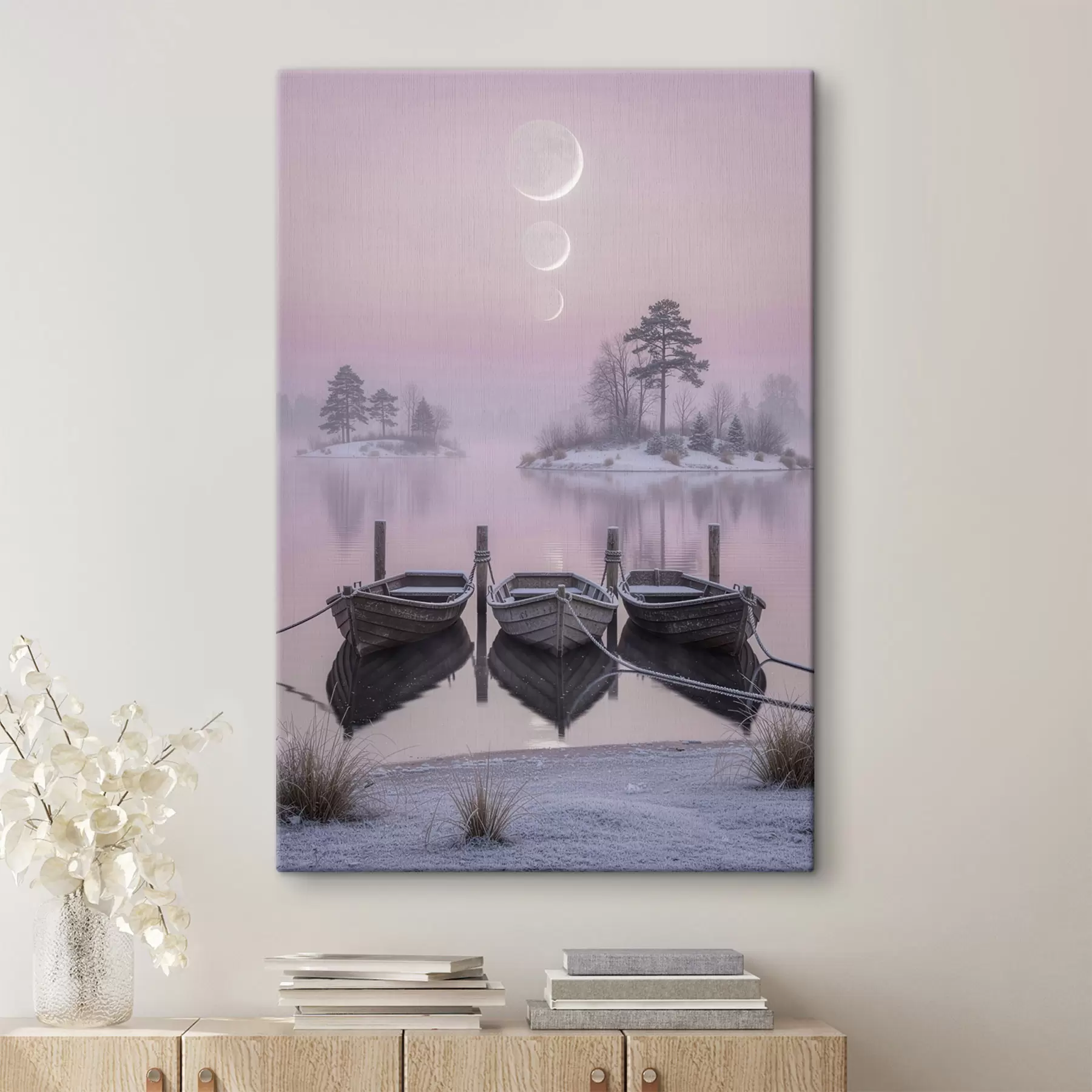 wall murals Landscape with a lake, boats, and moon phases in pastel painting style s49724