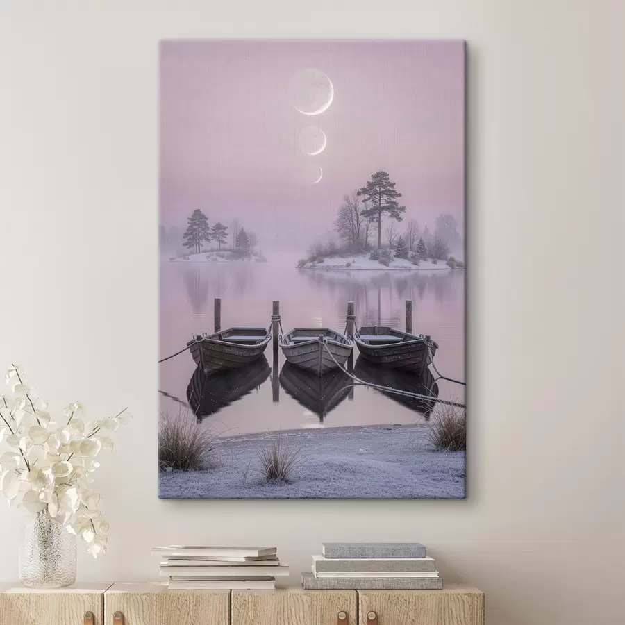 murales Paisaje con un lago, barcas y las fases lunares, pintado en estilo pastel s49724