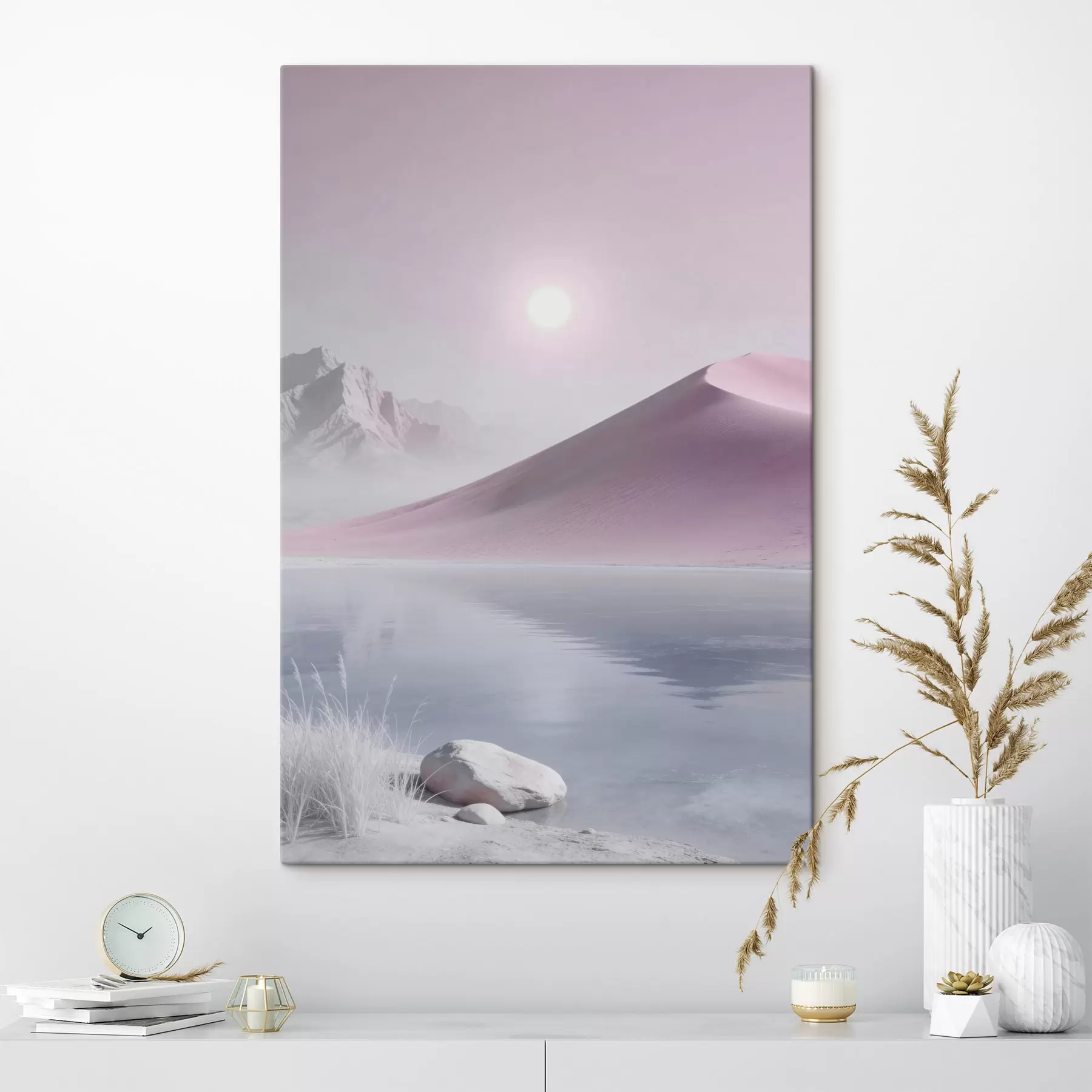 wall murals Mountain lake near a sandy hill in pastel tones s49725