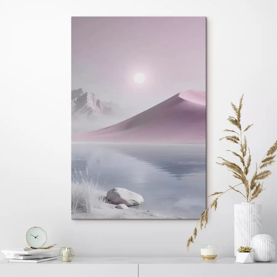 murales Lago de montaña cerca de una colina arenosa en tonos pastel s49725