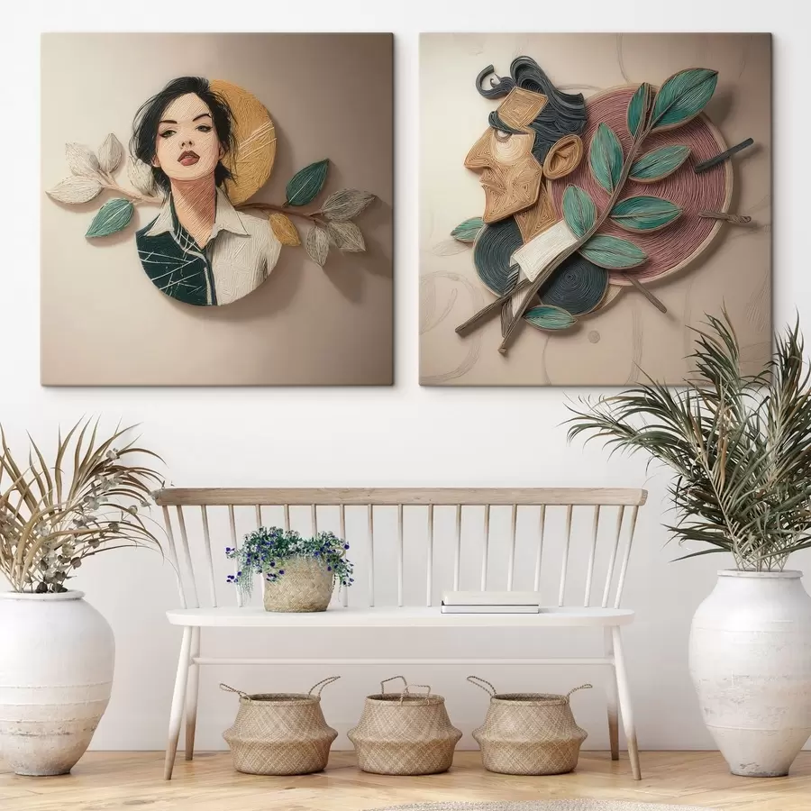 murales Retratos estilizados de una mujer y un hombre con elementos botánicos, en un estilo gráfico tridimensional m30649