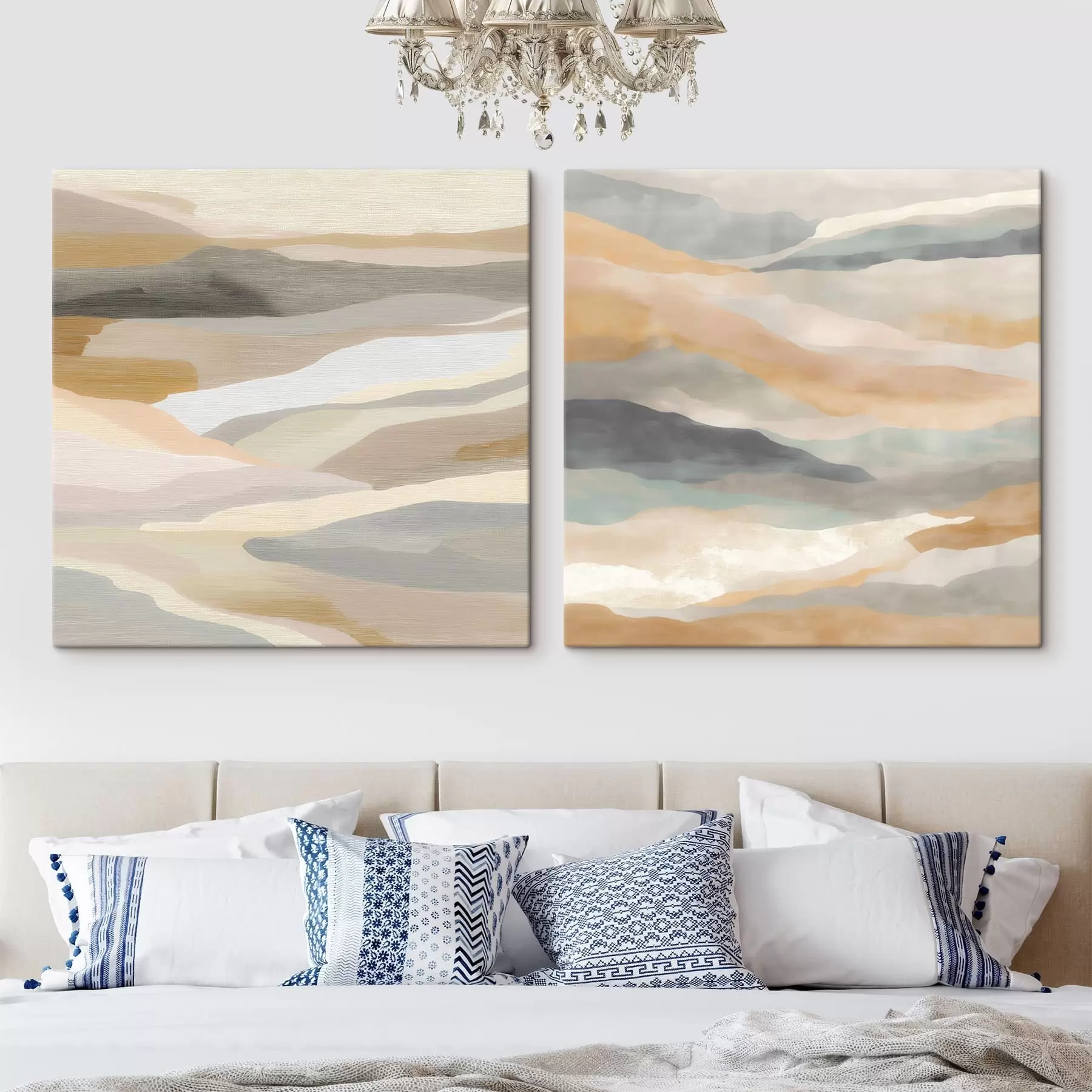 wall murals Textured watercolor mountains and misty hills in a muted color palette m30650