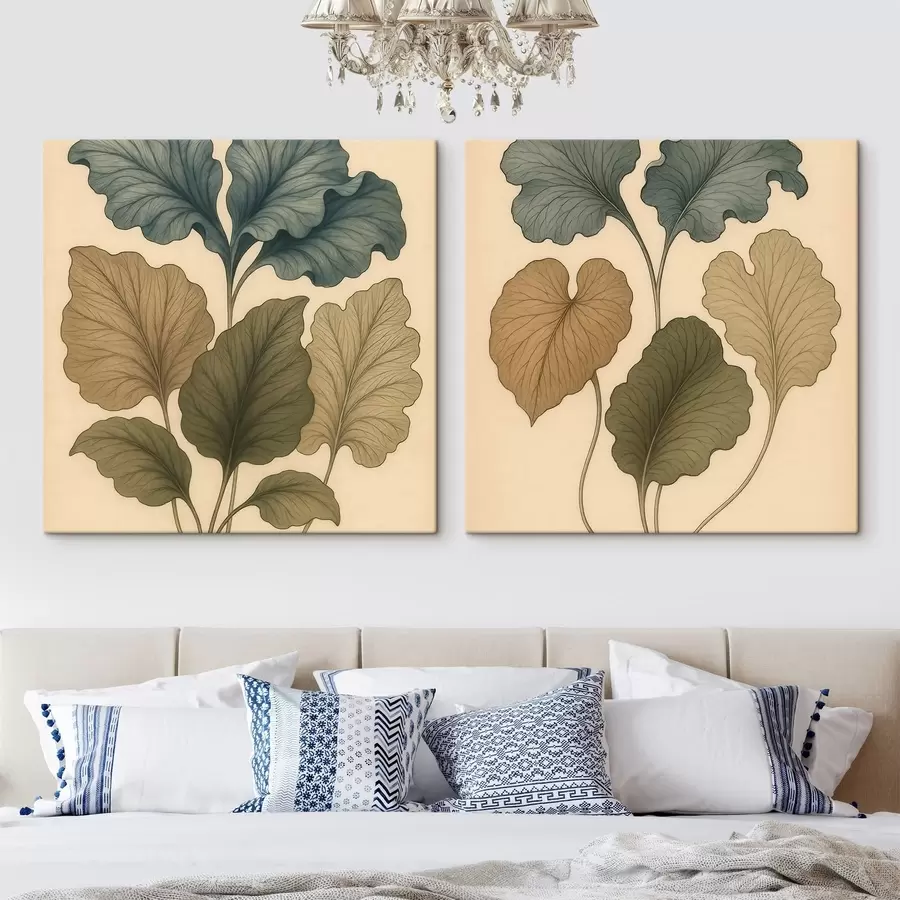 Wall Mural Photo Wallpaper Botanical diptych with textured leaves in muted tones in retro illustration style m30654