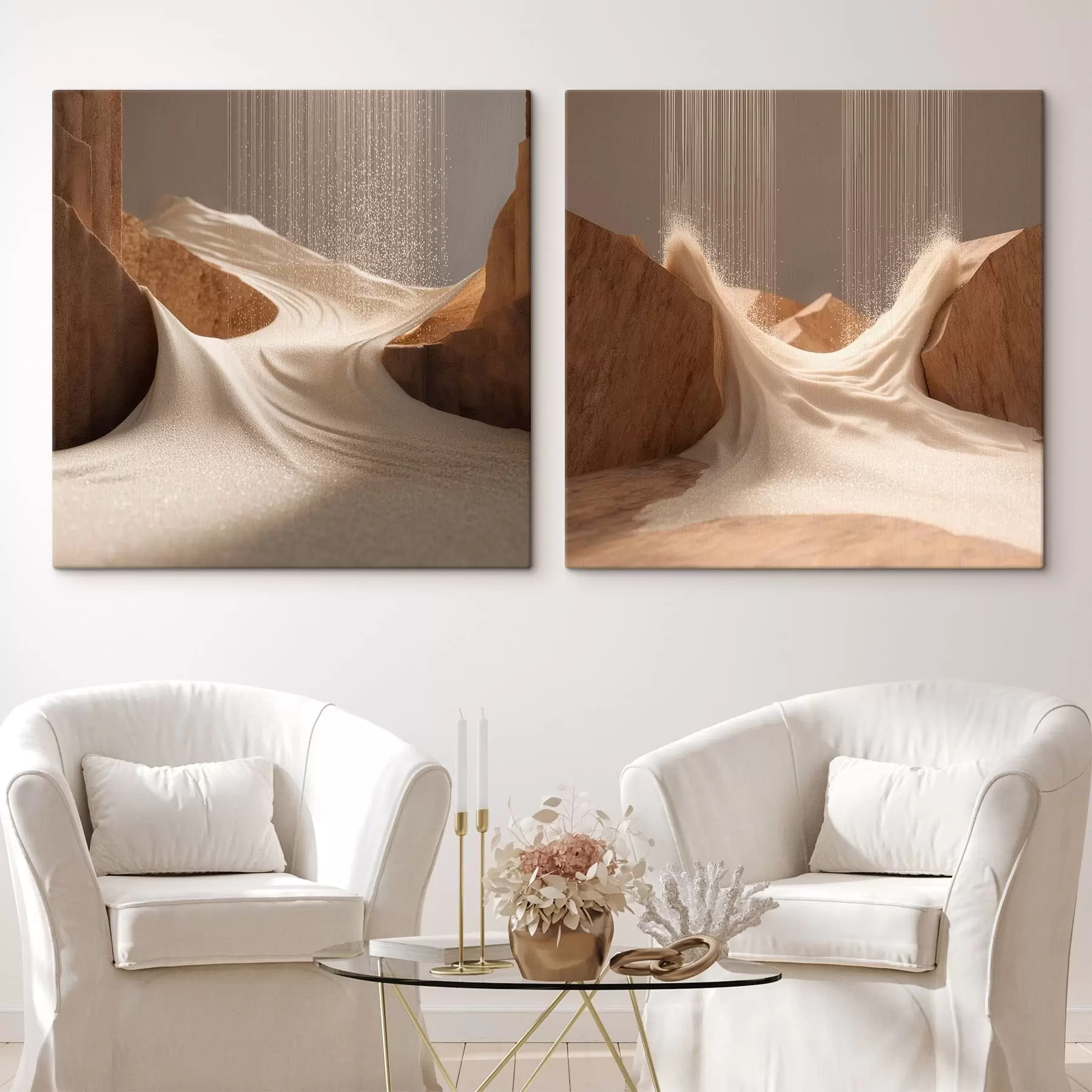 wall murals Landscape with shimmering effect in a beige palette in dimensional graphic style m30655