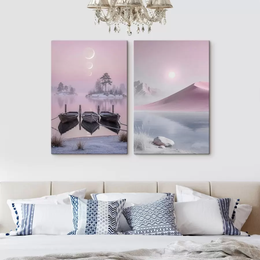 Wall Mural Photo Wallpaper Fantasy landscape with wooden boats and mountain peaks m30657