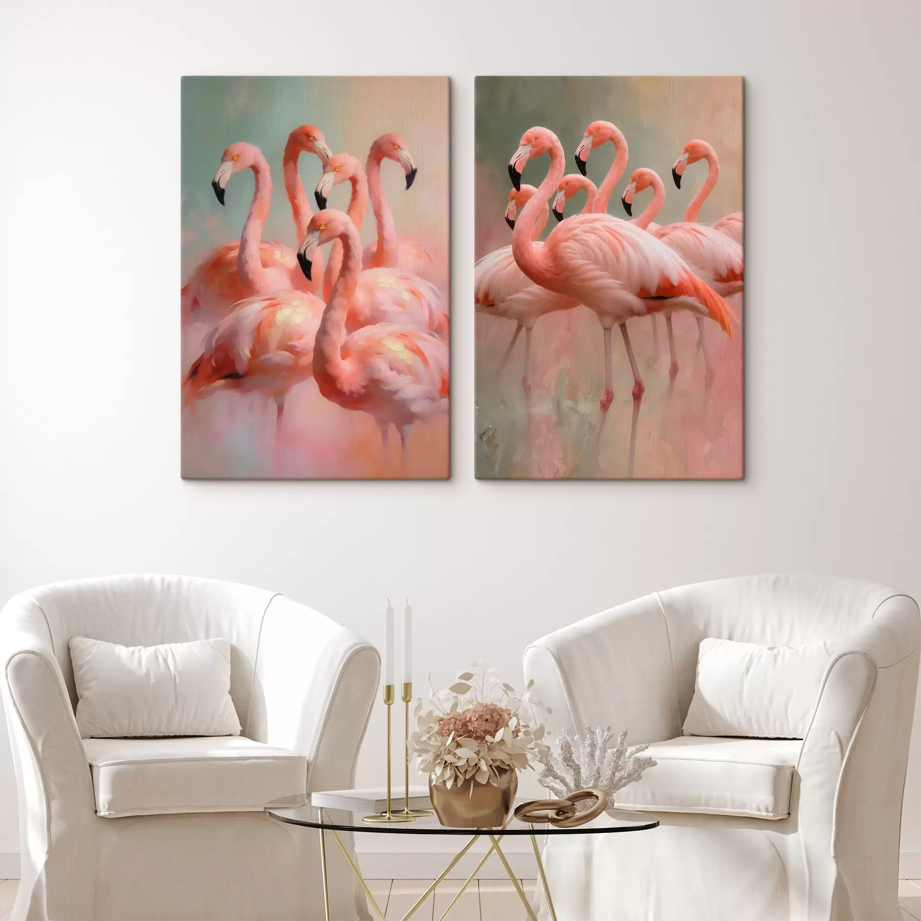 wall murals Composition with a flock of flamingos on a soft blurred background in contemporary painting style m30658
