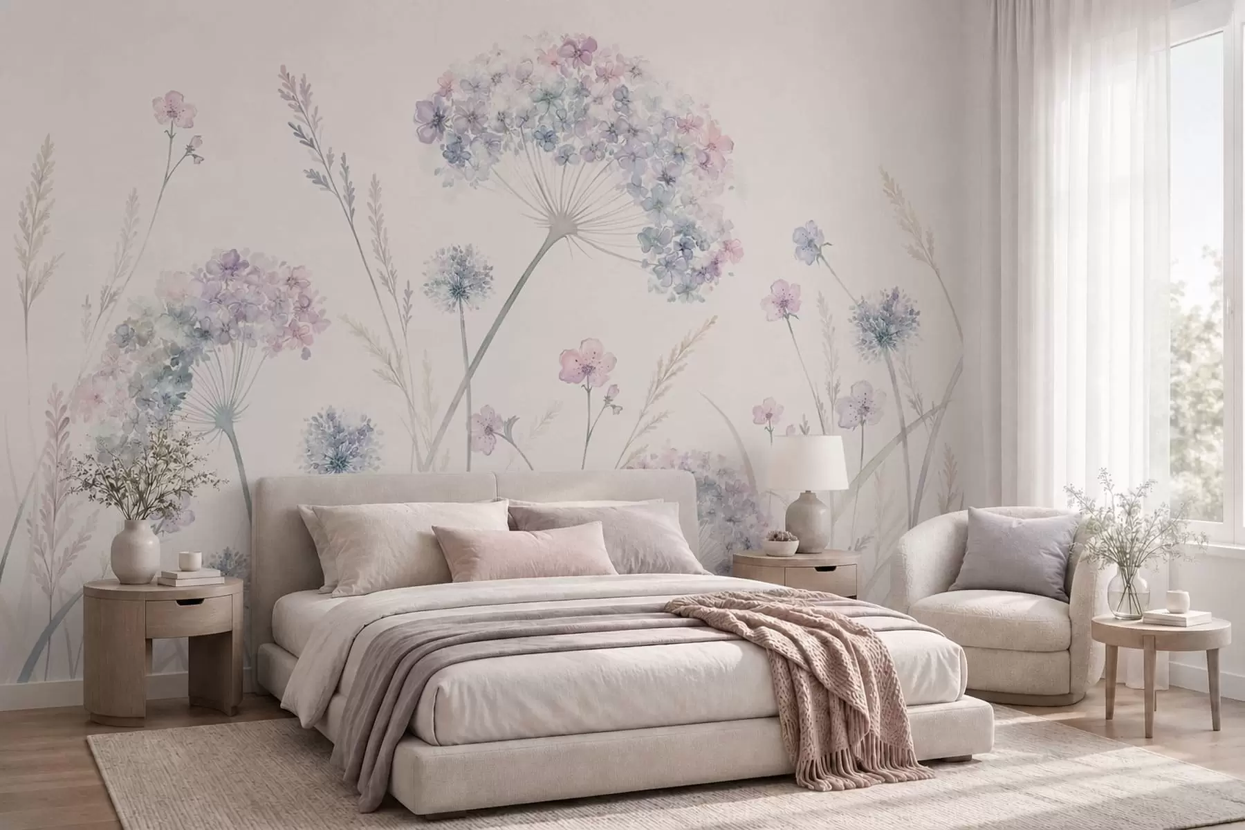 Wall Mural Photo Wallpaper Meadow flowers in soft blue and lilac tones w05731