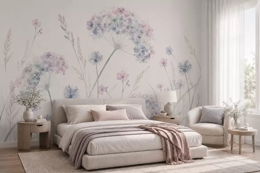 Wall Mural Photo Wallpaper Meadow flowers in soft blue and lilac tones w05731