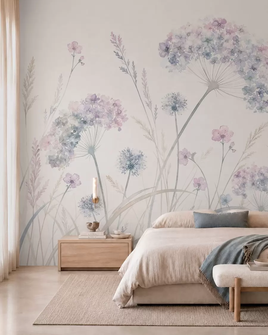 wall murals Meadow flowers in soft blue and lilac tones w05731