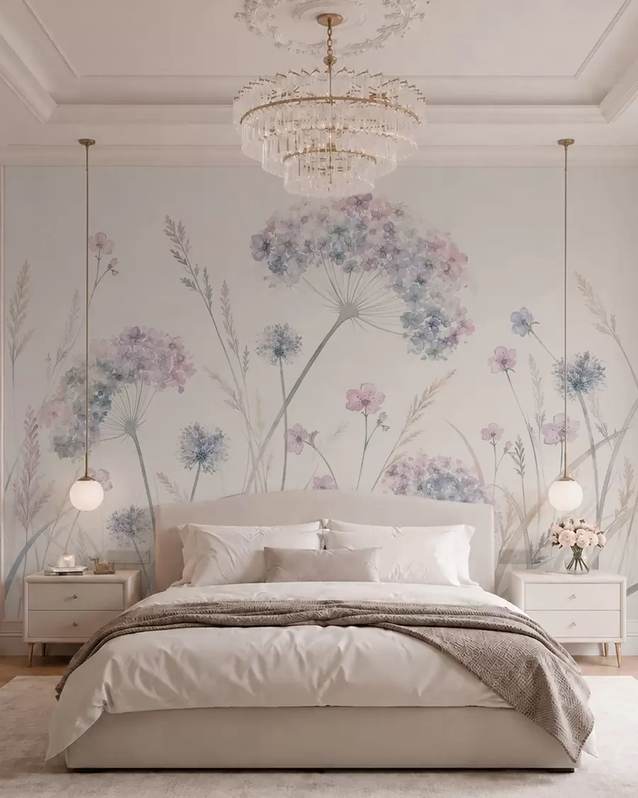 murales Flores de prado en suaves tonos azules y lila w05731