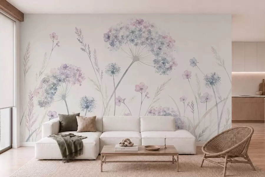 murales Flores de prado en suaves tonos azules y lila w05731