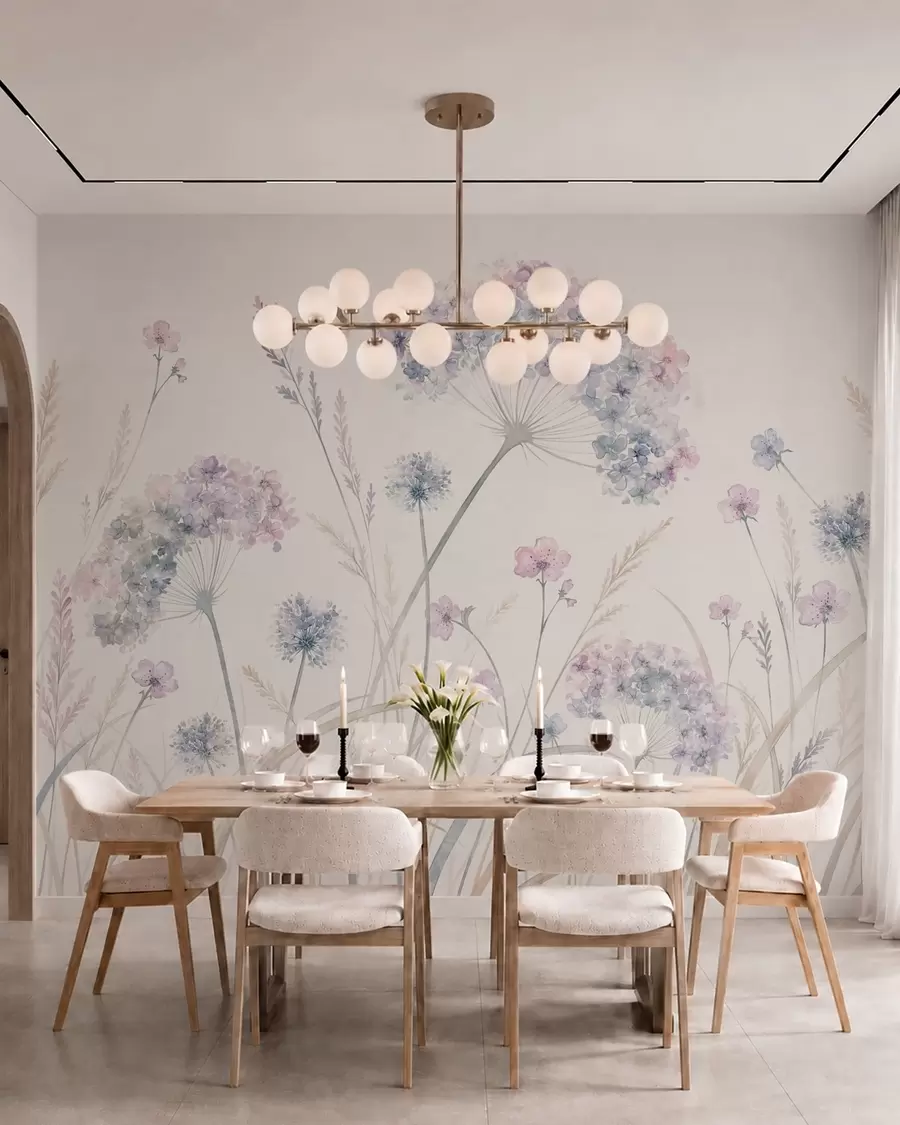 murales Flores de prado en suaves tonos azules y lila w05731