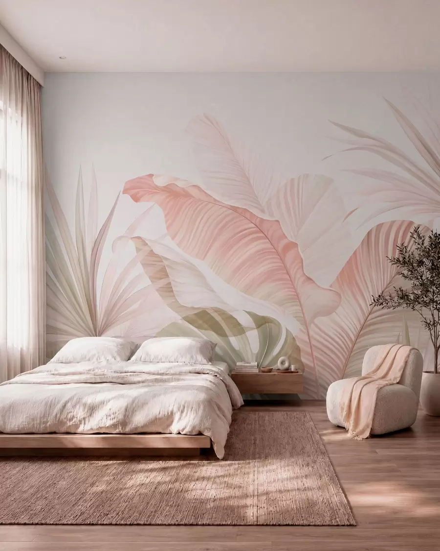 murales Hojas tropicales de aspecto suave en tonos pastel w05810