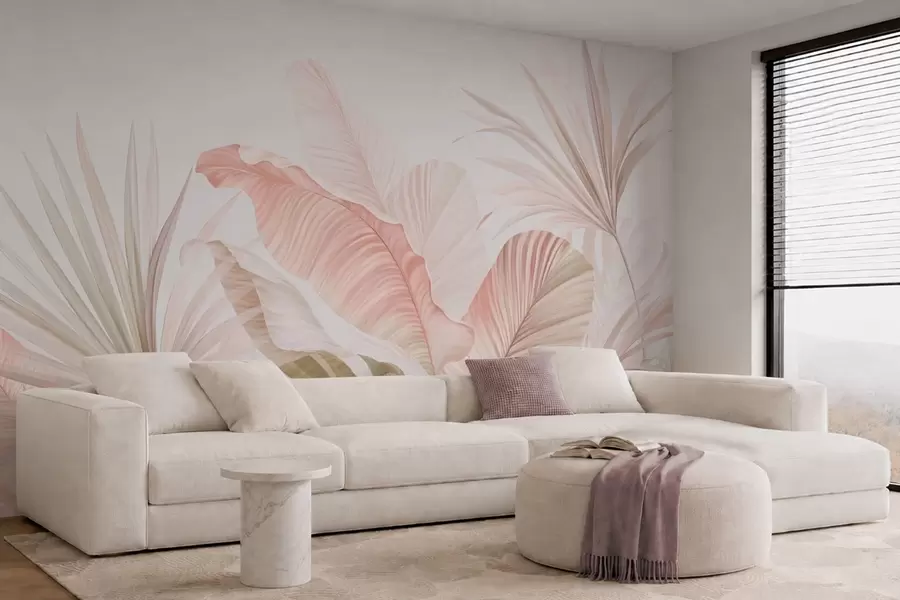 murales Hojas tropicales de aspecto suave en tonos pastel w05810