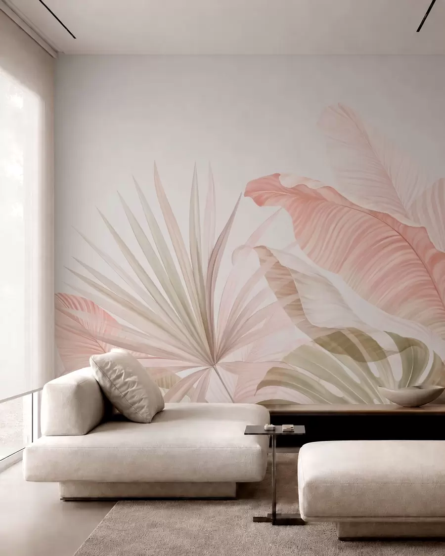murales Hojas tropicales de aspecto suave en tonos pastel w05810