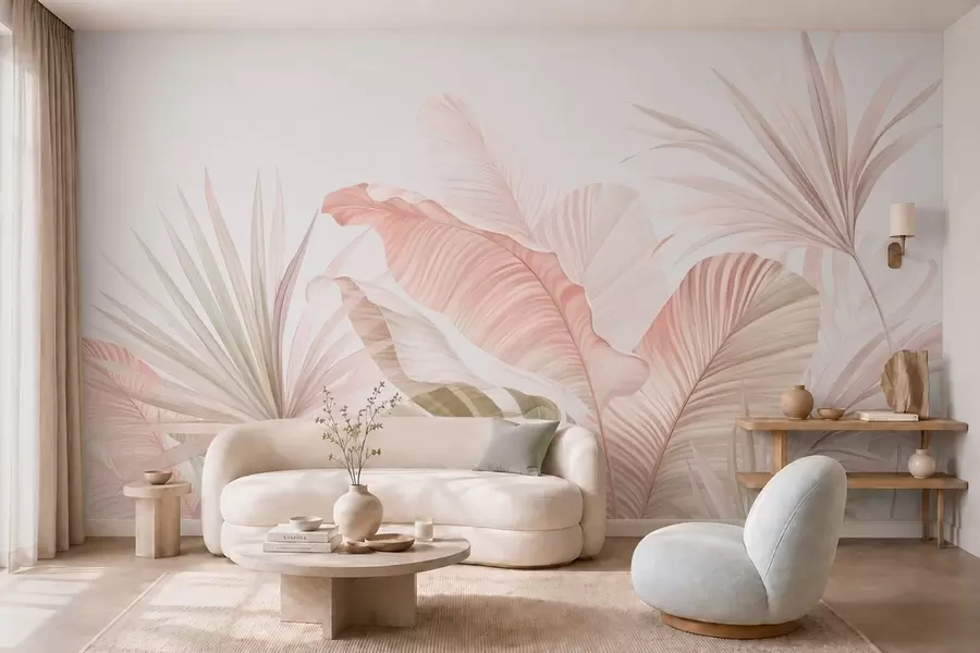 murales Hojas tropicales de aspecto suave en tonos pastel w05810