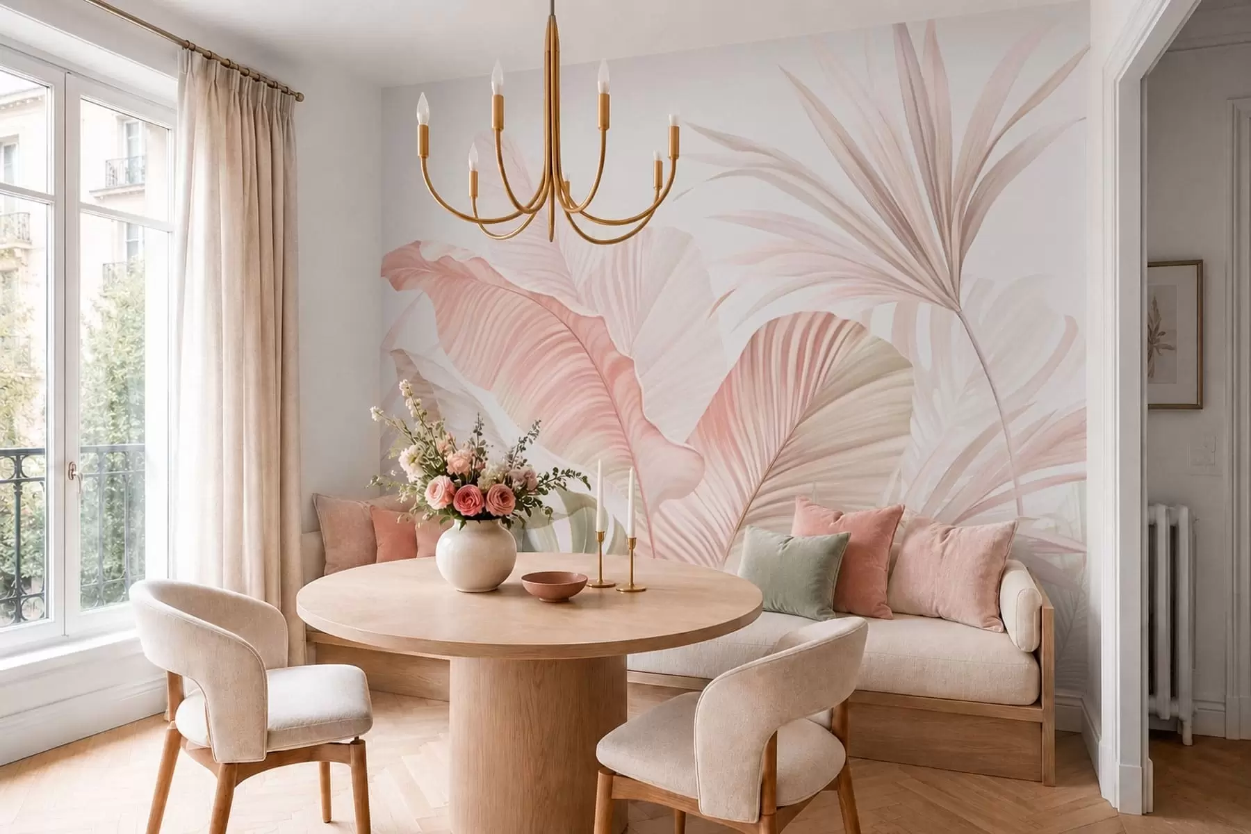 Wall Mural Photo Wallpaper Soft tropical leaves in pastel tones w05810
