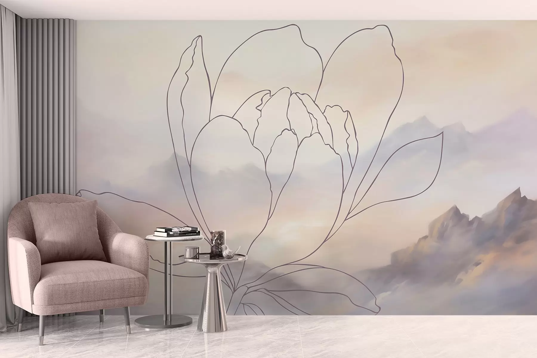 peintures murales Paysage de montagne avec la silhouette d'une fleur w05788