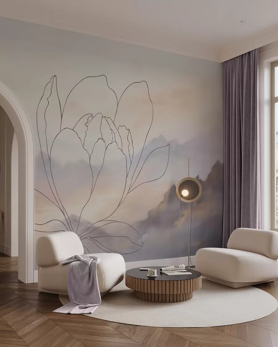 peintures murales Paysage de montagne avec la silhouette d'une fleur w05788