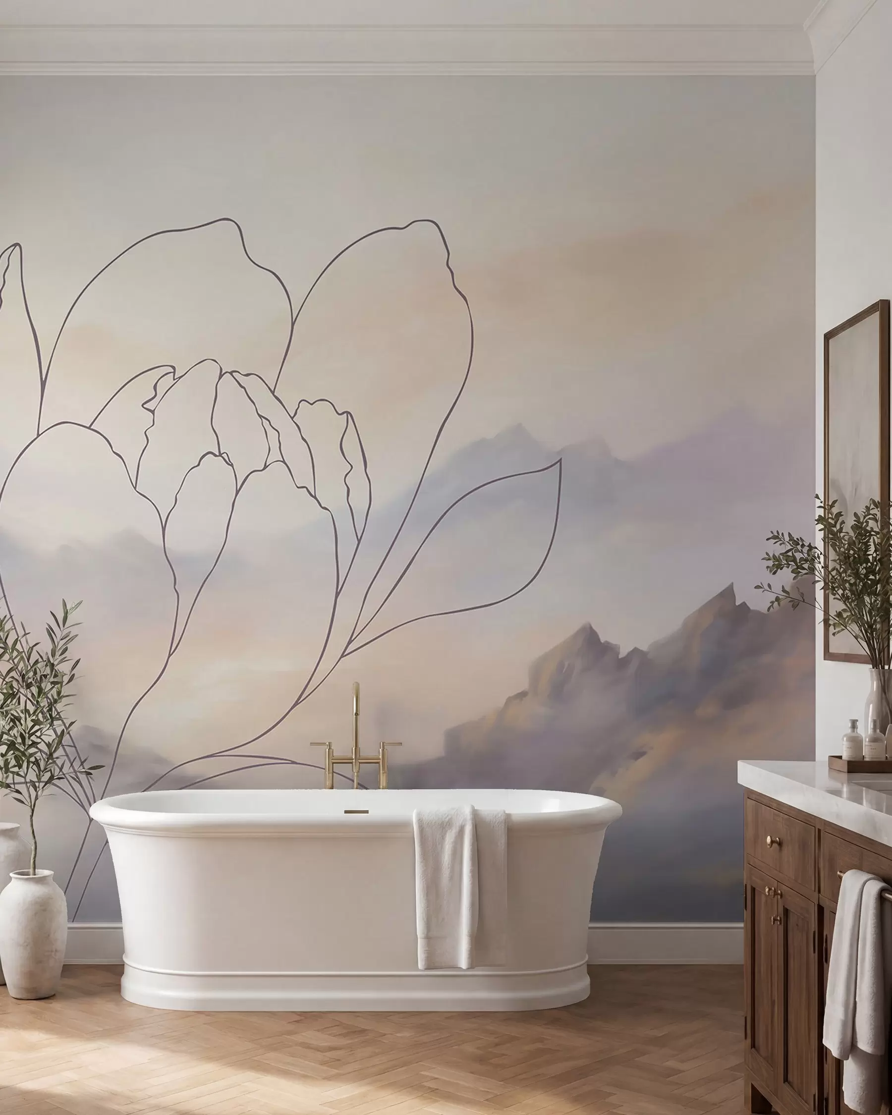 peintures murales Paysage de montagne avec la silhouette d'une fleur w05788