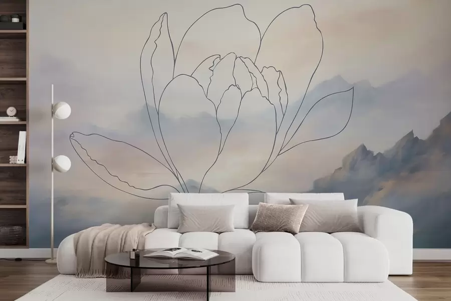 peintures murales Paysage de montagne avec la silhouette d'une fleur w05788v1
