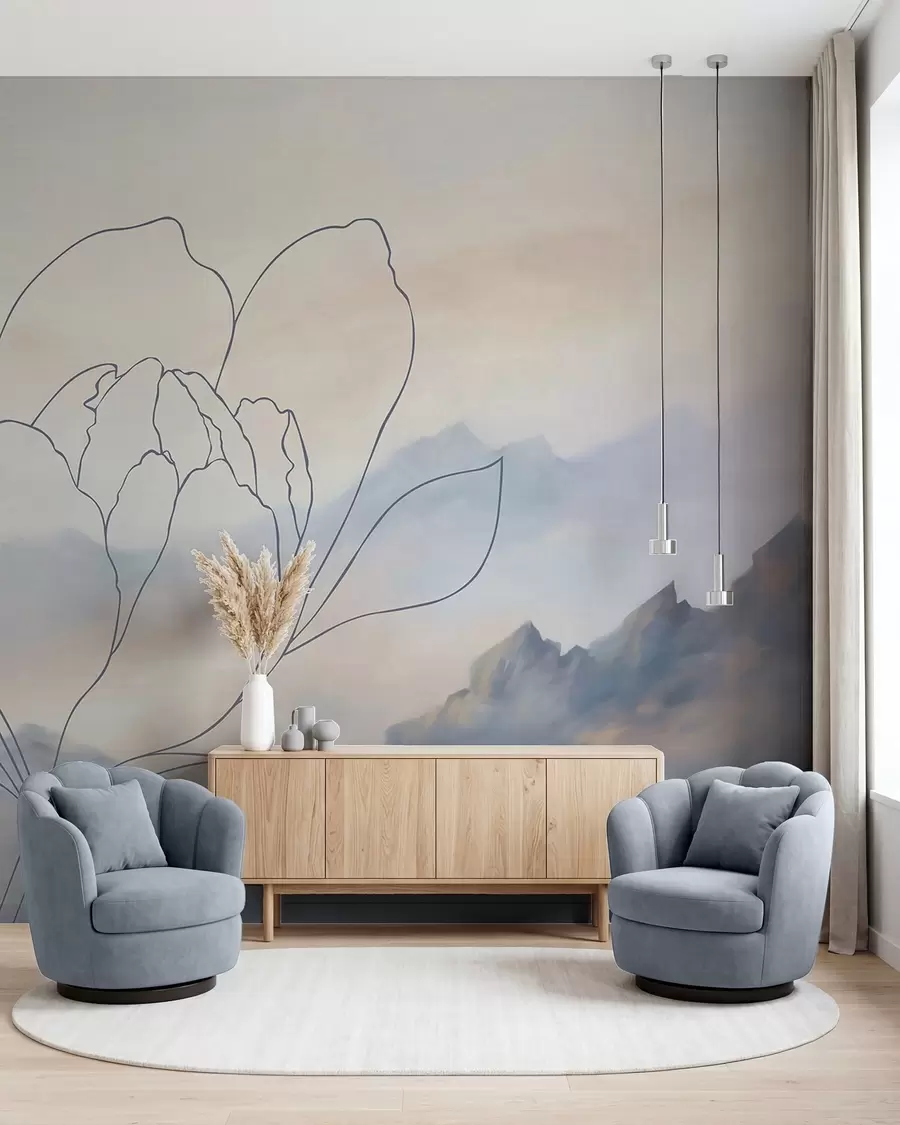 Wall Mural Photo Wallpaper Mountain landscape with a flower silhouette w05788v1
