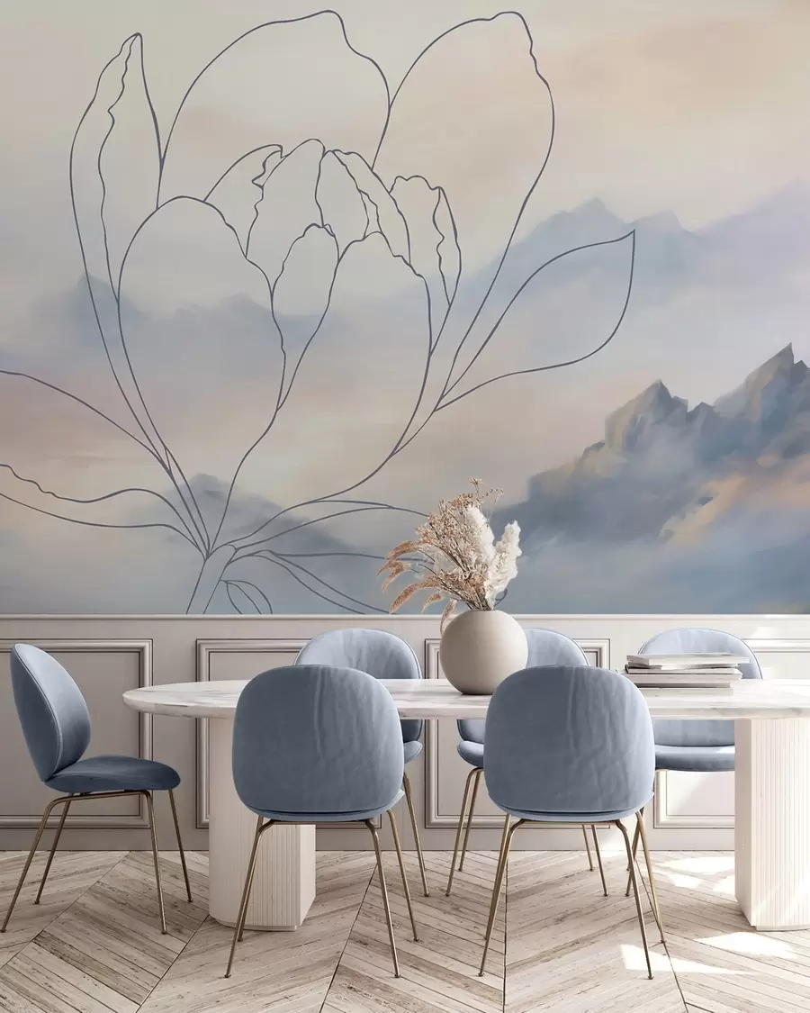 peintures murales Paysage de montagne avec la silhouette d'une fleur w05788v1