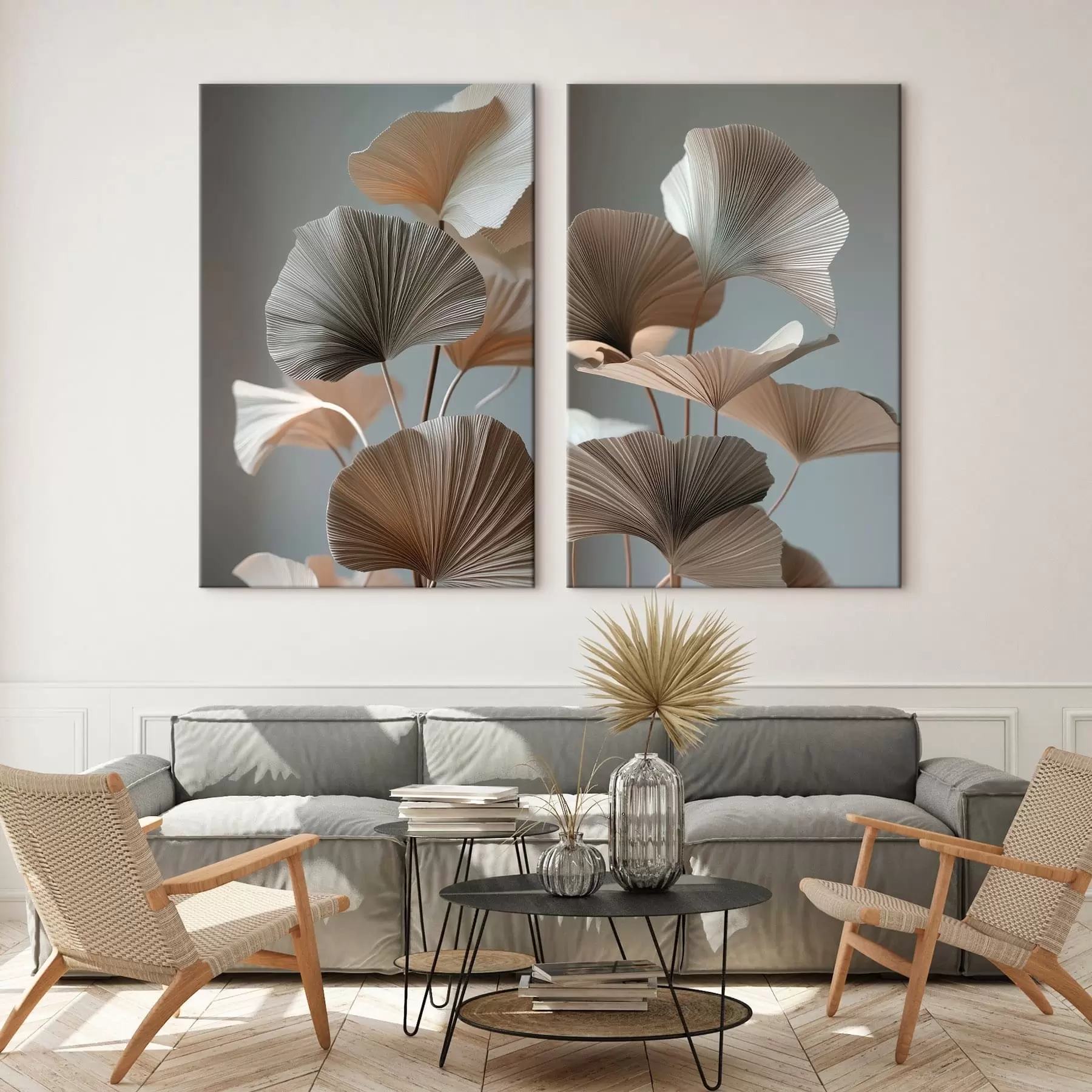 wall murals Diptych with Leaves in Neutral Tones and a Relief Effect m30743