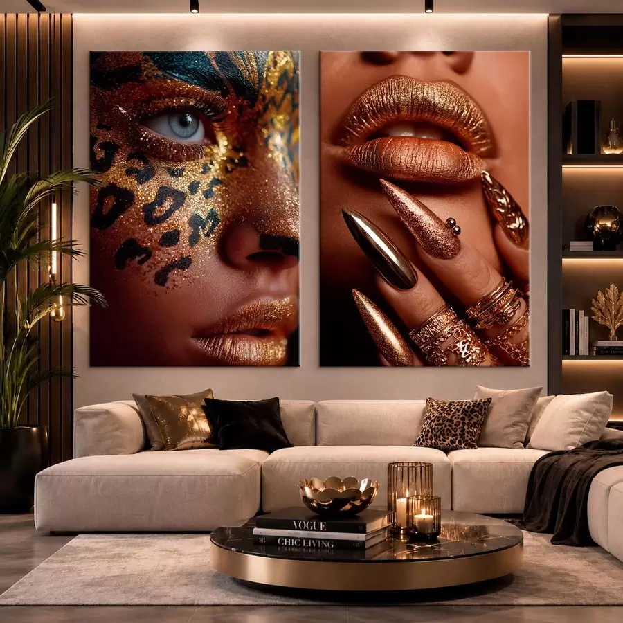 wall murals Diptych with Metallic Makeup and Animal-Print Face Art m30747