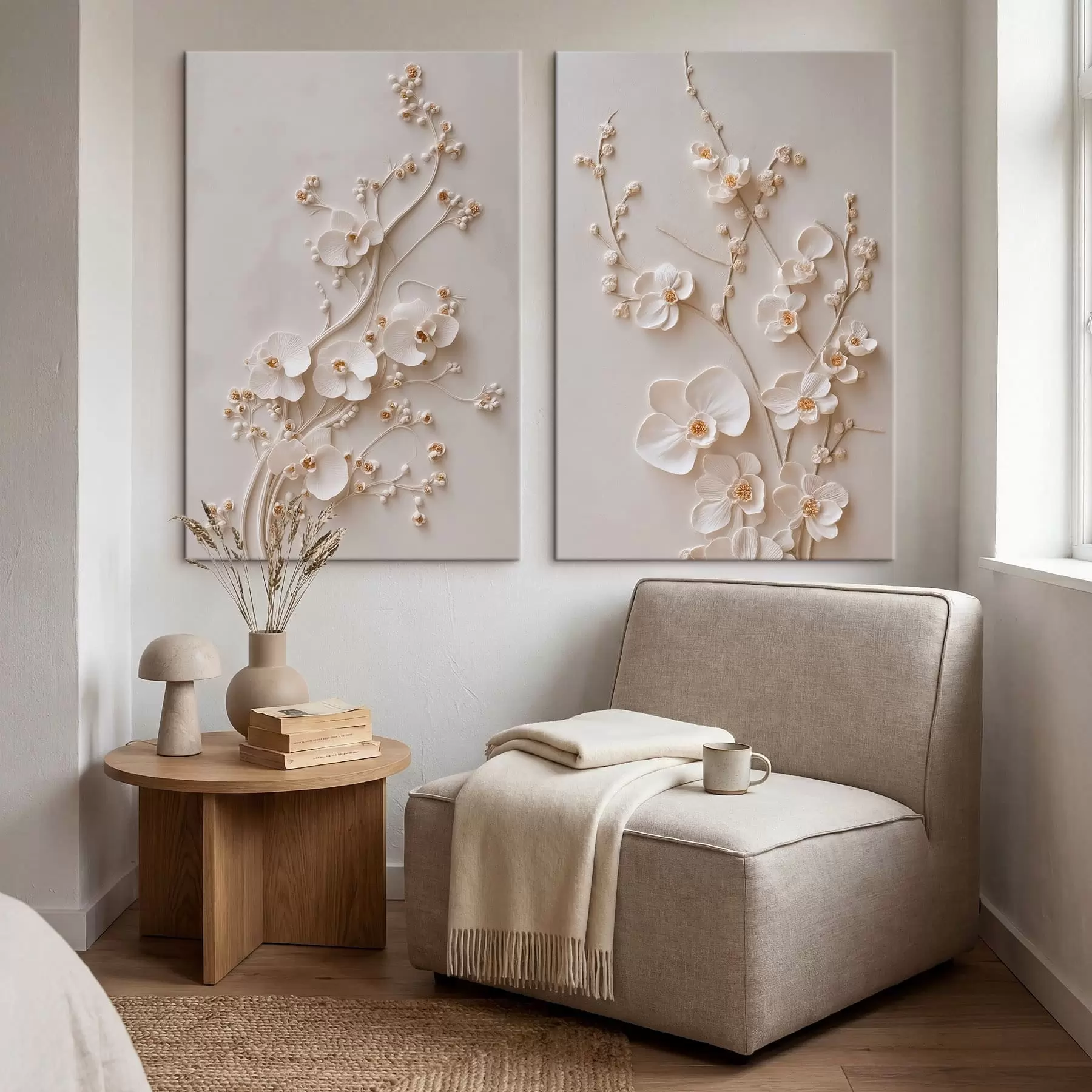 wall murals Diptych with White Flowers and a Relief Effect m30750