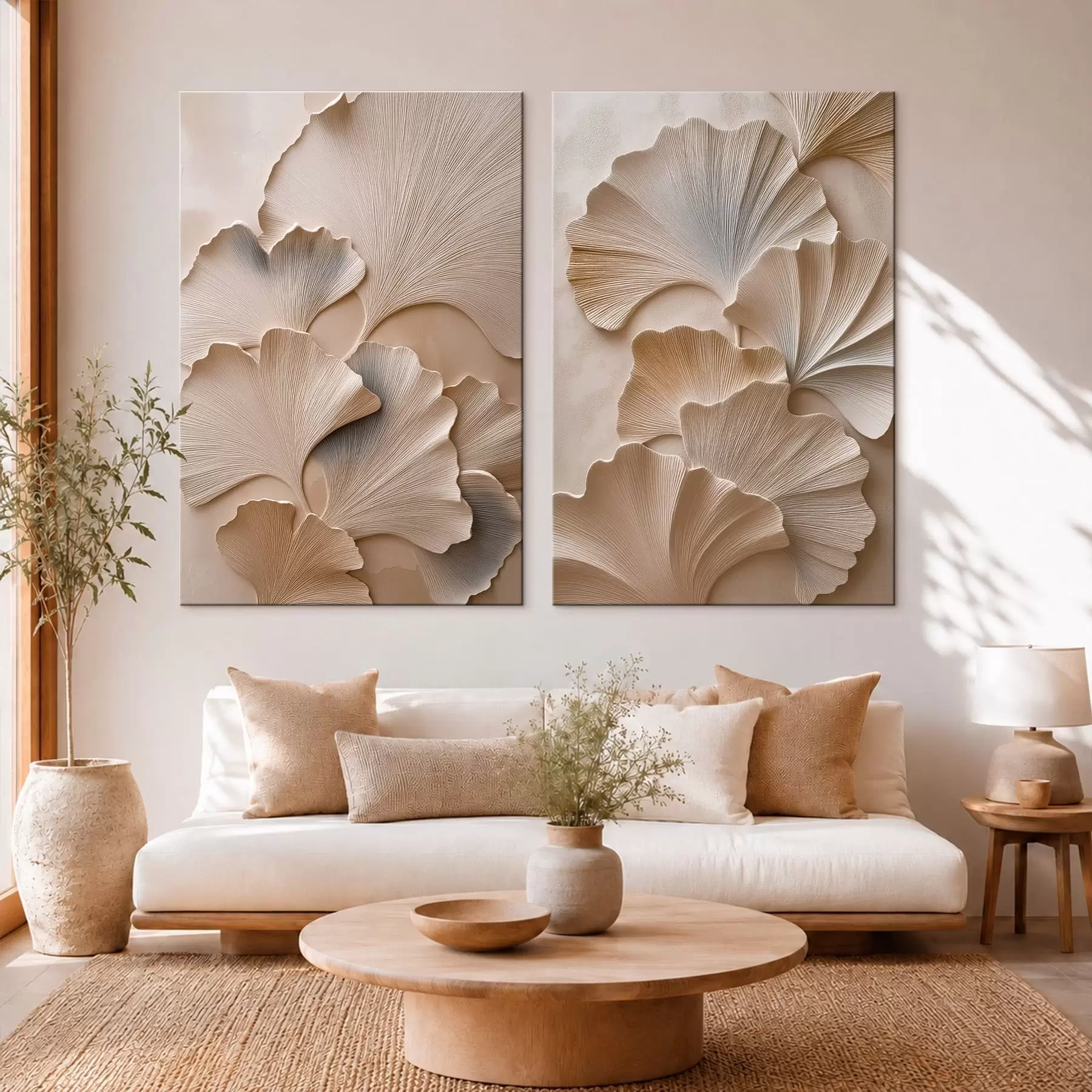 murales Díptico con hojas de ginkgo y efecto de relieve m30751