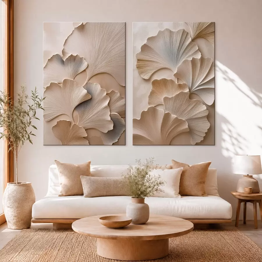wall murals Diptych with Ginkgo Leaves and a Relief Effect m30751