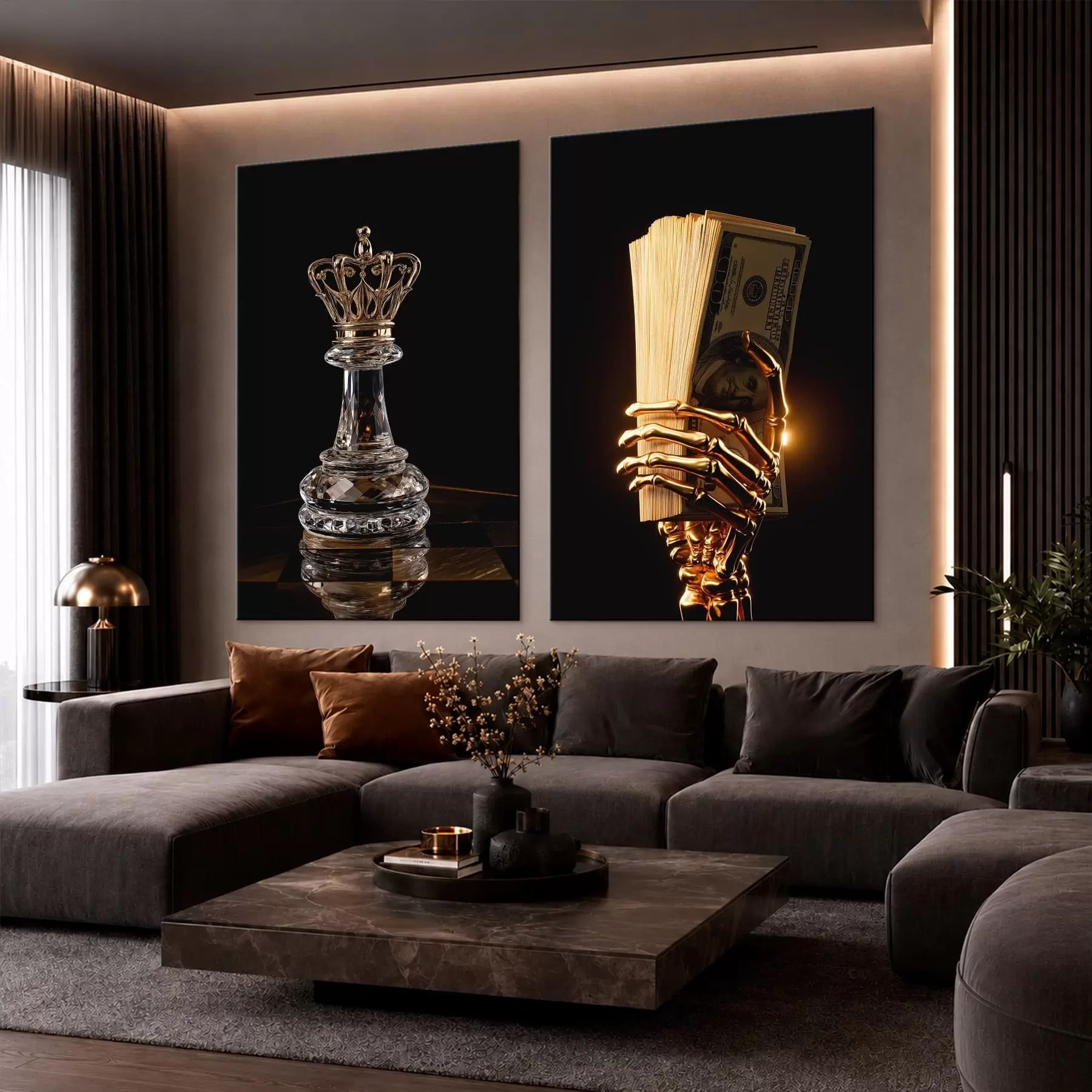 wall murals Diptych with Money in Hand and a Chess Queen m30752